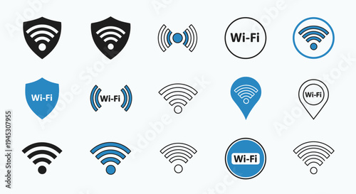 Collection of Wi-Fi symbols and icons representing wireless internet connectivity and network signal strength, ideal for technology and communication concepts