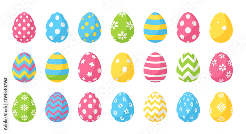 Vibrant collection of beautifully decorated Easter eggs with diverse patterns and cheerful colors, perfect for spring holiday celebrations and festive graphic design projects