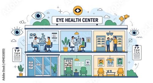 Modern Eye Health Center Illustration Comprehensive Optometry Clinic with Professional Staff Providing Vision Care, Examinations, and Glasses Fitting Services for Patients