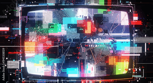 Abstract digital glitch art on a vintage television screen, broadcasting static and colorful noise