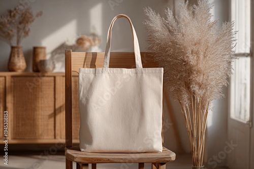 Blank Canvas Tote Bag on Wooden Chair, Natural Light, Scandinavian Style Mockup
