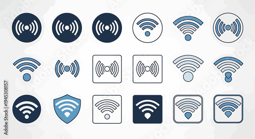 Diverse Collection of Wireless Signal and WiFi Icons for Modern Network Connectivity, Internet Access, and Digital Communication Strength in User Interface Design and Technology-Related Projects