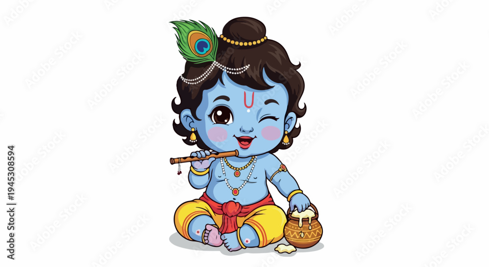Fototapeta premium Illustration of a blue-skinned Hindu deity Krishna sitting cross-legged, playing a flute with a peacock feather on his head, against a plain white background.