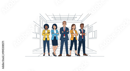 Five diverse business professionals stand with crossed arms in an office.