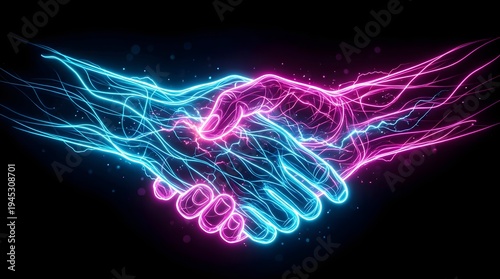 Two hands shake with neon lines on black background creating connection