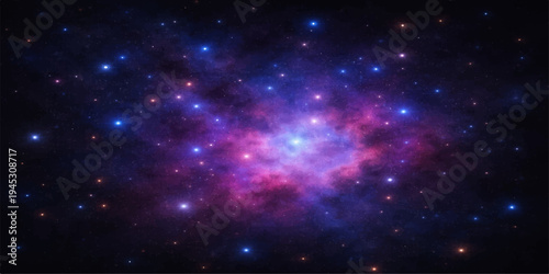 A vast dark blue cosmos reveals a bright starry night sky filled with a deep nebula and abstract galaxy light across the outer space universe