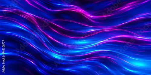 A smooth abstract design features flowing purple and blue waves with a silk texture and soft liquid motion, creating a swirling satin backdrop of pink light and curved pattern art