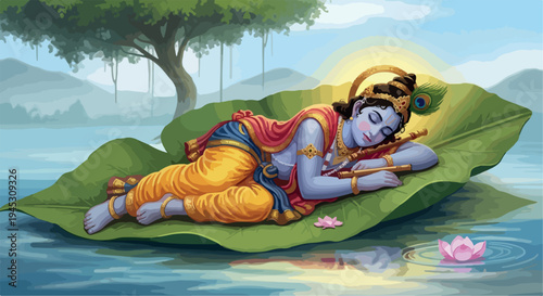 Illustration of Vishnu sleeping on a large green leaf floating on water with a serene natural background and a pink lotus flower.