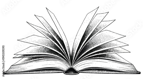 An open book with pages fanned out isolated on white background in a classic illustration style