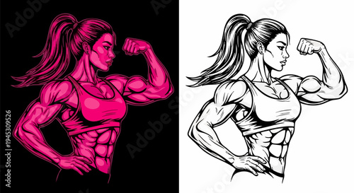 Strong Athletic Woman Bodybuilder Flexing Bicep Vector Illustration Set in Pink Neon and Black & White Outline Styles for Fitness Design