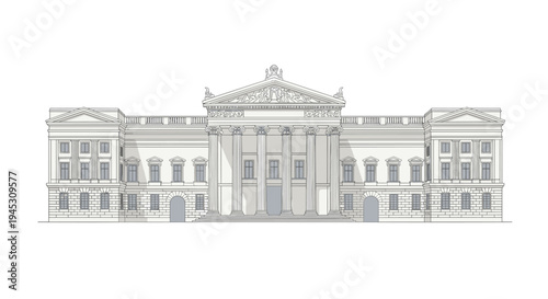 A neoclassical building with columns and a pediment in line art.