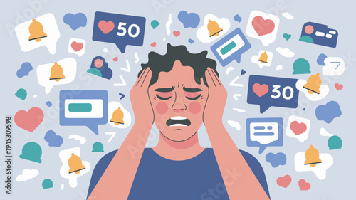 A stressed man overwhelmed by social media notifications and engagement metrics surrounding his head.