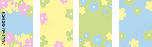 Set of cute pastel floral background templates with simple cartoon flowers in pink, yellow, blue, and green. Minimal spring design perfect for greeting cards, invitations, social media, and posters