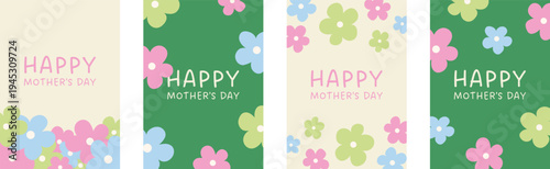 Set of cute Mother’s Day greeting card templates with pastel cartoon flowers in pink, blue, and green. Minimal flat design perfect for holiday greetings, invitations, posters, and social media