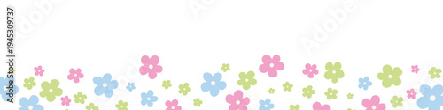 Cute pastel flower border with pink, blue, and green blossoms scattered in a horizontal composition on a light background. Perfect for spring designs, Easter cards, invitations, and nursery decor