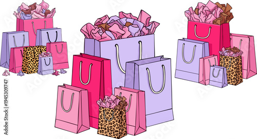 Vibrant Set of 3 Shopping Bag Arrangements Vector Illustration with Pink, Purple, and Leopard Print Gift Bags Filled with Tissue Paper for Retail and Celebration Themes