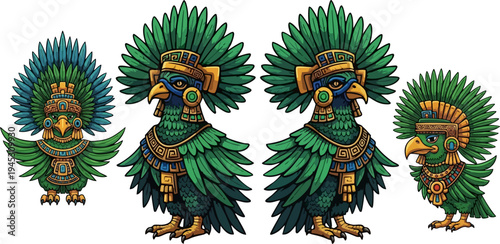 Set of 4 Ancient Mesoamerican Quetzal Bird Illustrations with Ornate Gold and Green Feathered Headdresses, Mythological Aztec and Mayan Style Vector Art