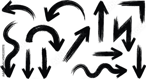 A hand drawn arrows set featuring black sketch vector icons and 3d direction symbols in a creative circle pattern design collection