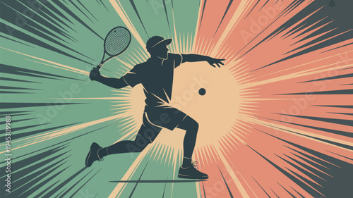 A dynamic illustration of a man playing tennis with a burst of energy in the background