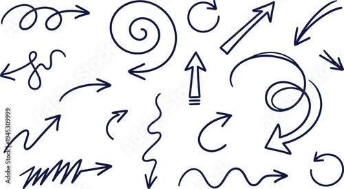 Hand drawn sketch arrows vector set featuring black line icons and direction symbols in a hand drawn drawing style for web design element collection
