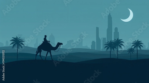 minimalist silhouette of a desert scene at dusk. A lone rider on a camel is crossing sand dunes. In the background, a grand city skycraper and palm trees illustration