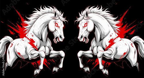 Dynamic White Horse Vector Illustration with Red Splatter on Black Background, Aggressive Stallion Design for Sports, Gaming, or Power Concepts