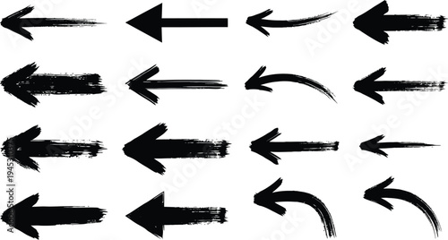 A comprehensive collection of black and white vector arrow icons featuring a set of directional signs and pointers for web design elements including up, down, left, and right cursor symbols