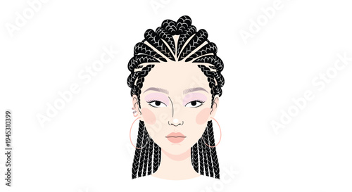 A woman with black box braids and hoop earrings looks forward.