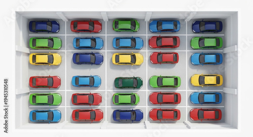 Collection of colorful toy cars neatly arranged in a white box.
