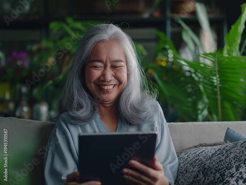 Joyful senior Asian woman using digital tablet at home, laughing during video call or browsing, retirement lifestyle with indoor plants
