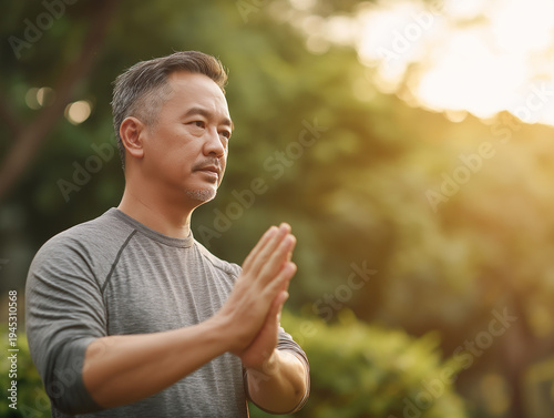 Mature Asian man practicing Tai Chi in a public park, healthy aging lifestyle, focused meditation movement in morning sunlight.