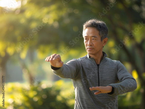 Mature Asian man practicing Tai Chi in a public park, healthy aging lifestyle, focused meditation movement in morning sunlight.
