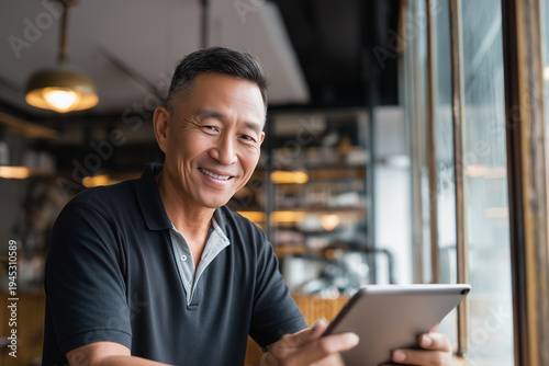 Happy mature Asian man using digital tablet in cafe, modern senior lifestyle, financial planning and online communication