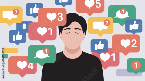 A man surrounded by colorful social media notifications and likes