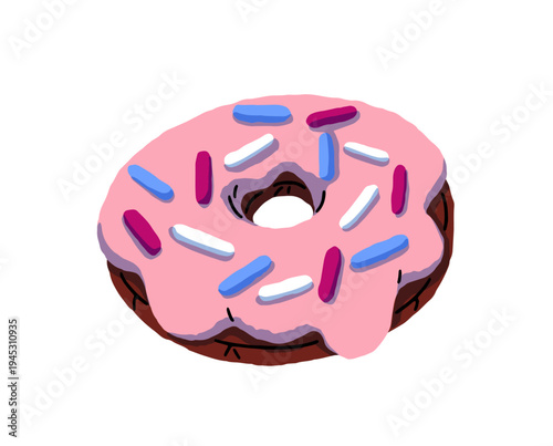 Chocolate donut with icing and sprinkles. Doughnut with pink frosting, Pastry rings with glazed topping. Sweet baked food. Fresh bakery. Flat isolated vector illustration on white background