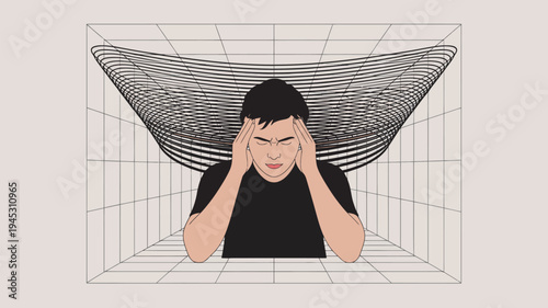A stressed man experiencing mental health issues in a surreal 3D environment with a mesh-like structure