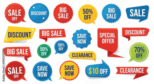 Colorful sale badges and labels for promotional advertising and discounts