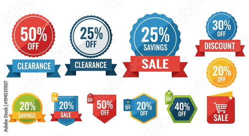 Colorful sale and discount badges and ribbons for promotions and offers