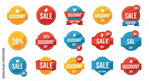 Colorful sale and discount badges collection for promotions and offers