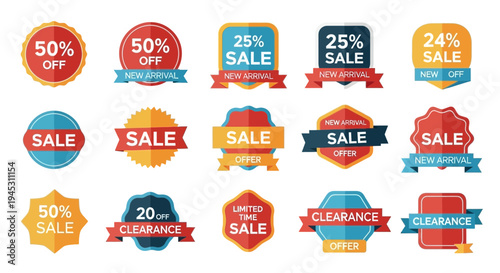 Colorful sale and discount badges collection for retail marketing and promotions