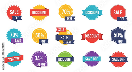 Colorful sale and discount badges collection on white background