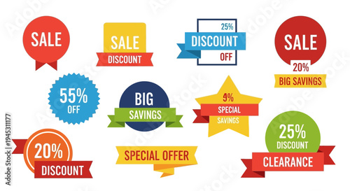 Colorful sale and discount badges for promotions and marketing