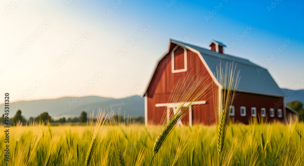 Obraz premium Redbarninfieldofgoldenwheatwithmountainrangeinbackgroundatsunset
