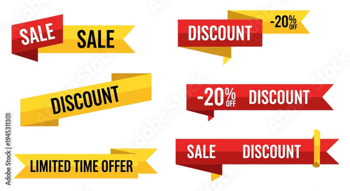 Colorful sale and discount banners with text against white background