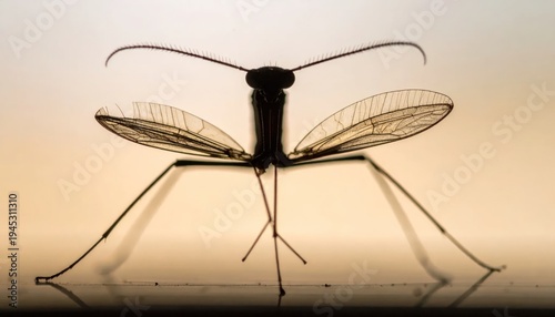 Silhouetted insect with gossamer wings, long legs, and feathery antennae against golden light
