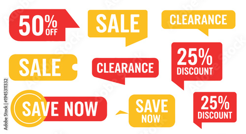Colorful sale and discount promotional badges isolated on white background
