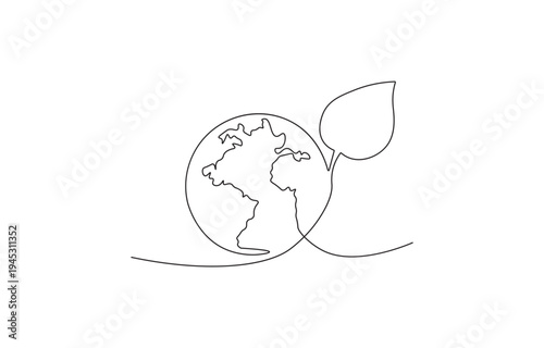 Line drawing of earth with a sprouting leaf, symbolizing environmental care
