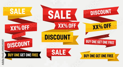 Colorful sale and discount ribbon banners for promotional offers and deals