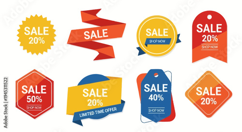 Colorful sale badges and labels for discount promotions vector illustration
