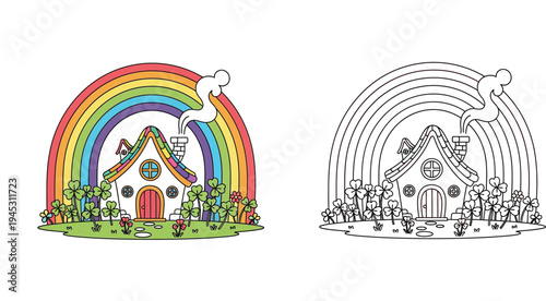 St Patricks Day coloring page with cute magical fairy tale cottage, rainbow, and shamrocks. Colored and black and white line art vector illustration for kids.